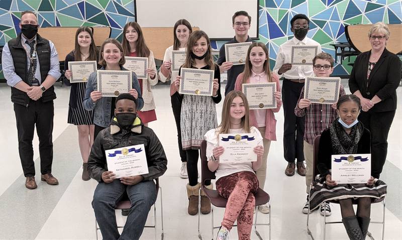 The Troy Community School District 30-C school board recognized its January 2022 Students of the Month at the district’s February school board meeting. Pictured,
top from left, are William B. Orenic Assistant Principal Jason Kucera, Valerie Mantia, Erin Hagstrom, Caitlin Garrett, Dylan Trainor, Robert Asiamah and Troy Middle School Principal Renee Marski.
Middle from left: Vera Barbour, Annaiyeh Deltoro-Parlich, Mia Spiker and Ryan Bergin; and bottom from left: Nethaneel Russell, Ella Kennedy and Ainsley Wellman. Not pictured: Justyn Friday.