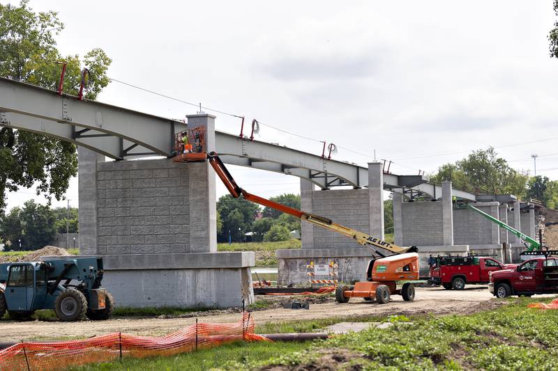 Work continues on the pedestrian bridge in Dixon Thursday, August 7, 2025. The Celebrate America! grant program through the National Endowment for the Humanities is awarding 250 grants up to $25,000 each for projects that celebrate the semiquincentennial anniversary.