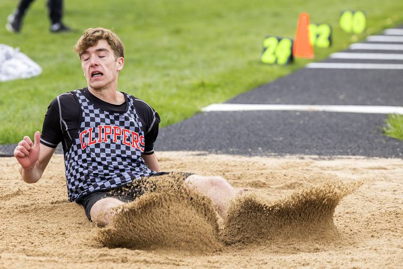Amboy’s Kabe Daniels lands his jump in the triple jump Friday, April 25, 2025, during the Rock Falls Rocket Invite.