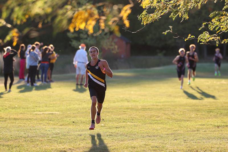 Herscher's Jackson Kruse nears the finish line in sixth place in the boys 3-mile race during All-Area Cross Country meet on Wednesday, Oct. 8, 2025, at Kankakee Community College.