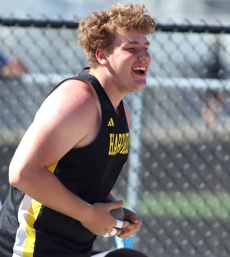 Harvard’s Braden Wittum reacts after competing in the shot put in KRC Conference Track Meet action at Richmond-Burton High School in Richmond on Tuesday, May 13, 2025.