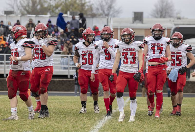 The Fulton Steamers come off the field at the end of the first quarter Saturday, Nov. 5, 2022 during a round two football playoff game against Rockford Lutheran. Fulton took the game and will continue their playoff hopes.