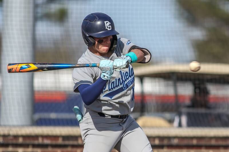 Plainfield South's Pablo Herrera (10) eyes a pitch during baseball game between Plainfield South at Oswego on Monday, April 14, 2025 in Oswego.