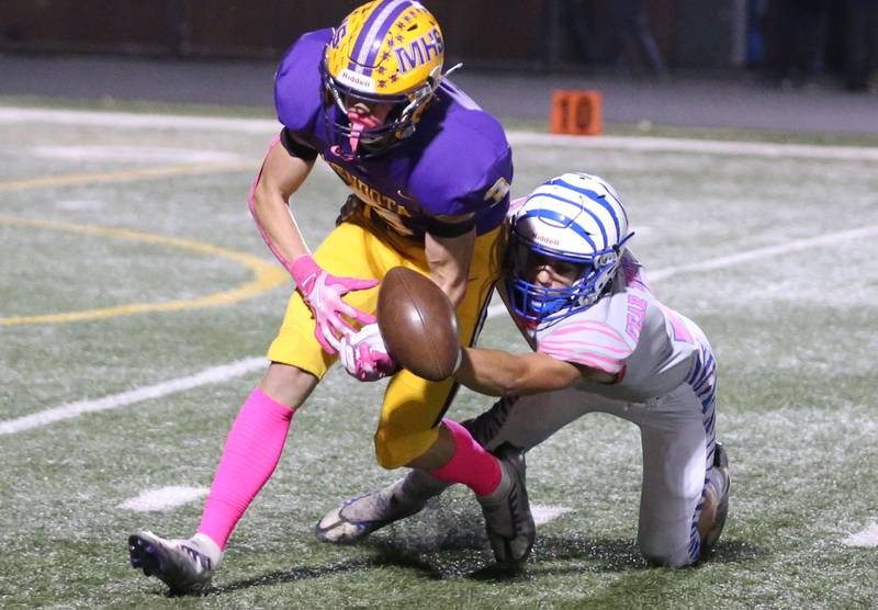 A pass intended to Mendota's Rhett Watson is broken up by Princeton's Ace Christiansen on Friday, Oct. 11, 2024 at Mendota High School.