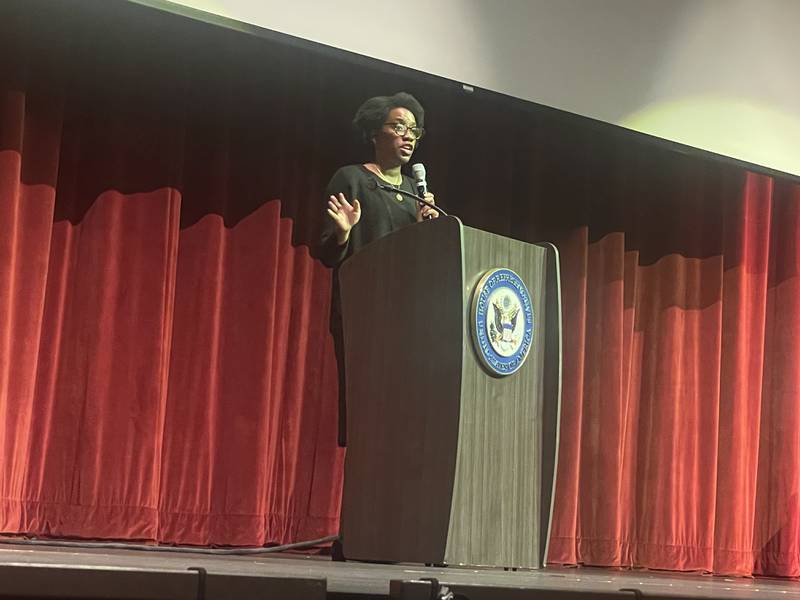 U.S. Rep. Lauren Underwood, D-Naperville, speaks Aug. 15, 2024, during a town hall meeting held at DeKalb High School.