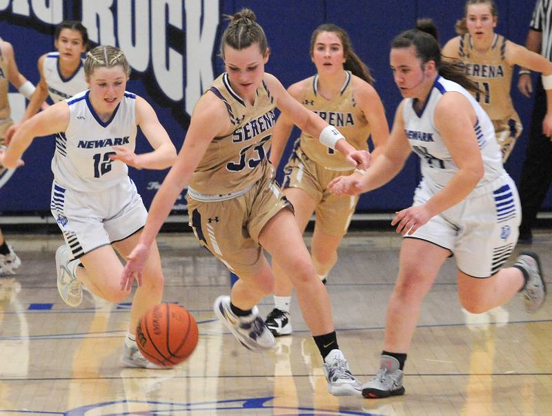 Serena's Jenna Setchell (33) steals the ball from Newark during the Little Ten Girls' Basketball Tournament Championship on Friday, Jan. 20, 2023.