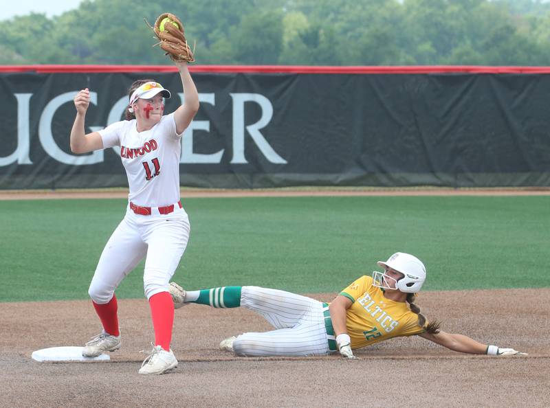 Chatham's Ava Bobb forcs out Providence Catholic's Mia Sanfratello during the Class 3A State finals game against on Saturday, June 14, 2025 at the Louisville Slugger Sports Complex in Peoria.