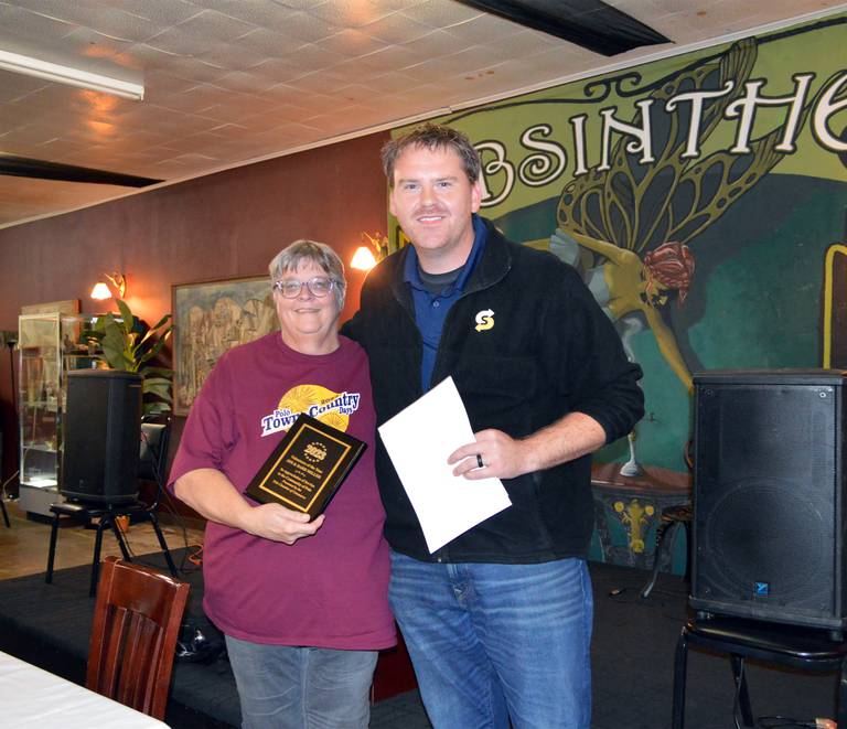 Polo Chamber of Commerce 2023 Carole Nettz Volunteer of the Year Barb Miller, left, poses for a photo with Chamber Director Joey Kochsmeier on Sept. 27, 2023. Miller and her husband, Jim Miller, were named volunteers of the year during the Chamber's 56th annual meeting and dinner; Jim Miller was unable to attend.