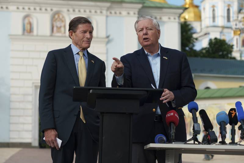 Sen. Lindsey Graham, R-S.C., right, and Sen. Richard Blumenthal, D-Conn., left, speak during a press conference in Kyiv, Ukraine, on Friday, May 30, 2025. (AP Photo/Vasilisa Stepanenko)