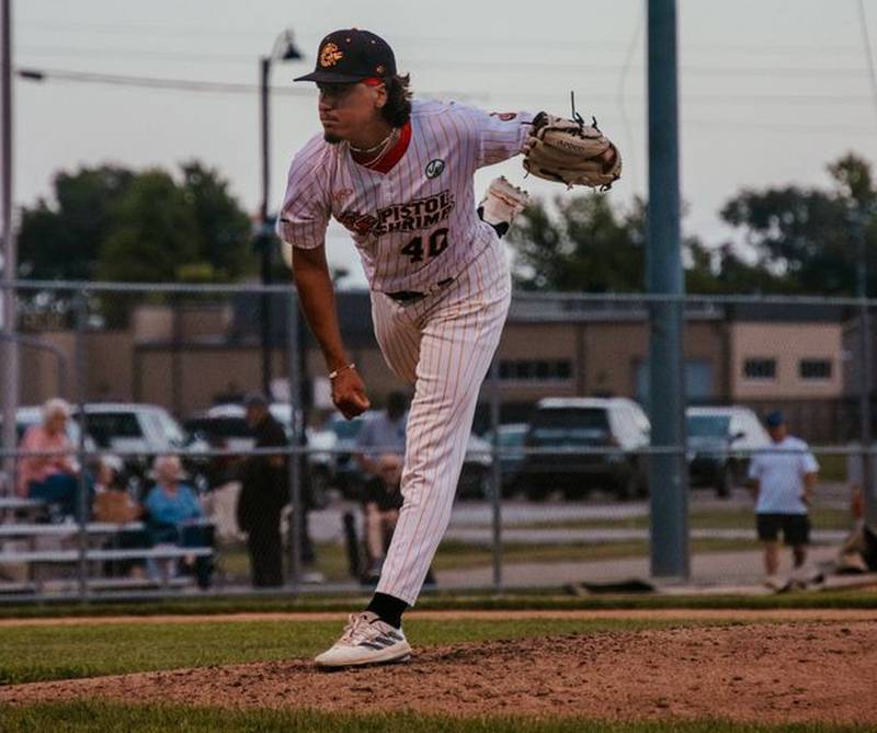 Kyler Miritello throws a pitch during the Illinois Valley Pistol Shrimp's 8-5 victory over the Thrillville Thrillbillies on Tuesday, July 2, 2024 at Schweickert Stadium in Peru.