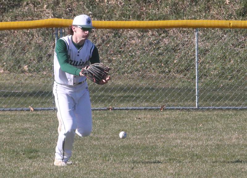 St. Bede left fielder Gino Ferrari drops a fly ball against Ottawa on Wednesday, March 20, 2024 at St. Bede Academy.