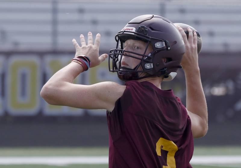 Richmond-Burton’s Ray Hannemann throws a pass during a 7 on 7 football practice Monday, July 14, 2025, at Richmond-Burton High School, with teams from Crystal Lake Central, Grayslake Central and Mundelein.