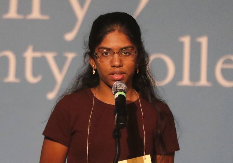 Neha Gopalakrishnan of Marlowe Middle School in Lake in the Hills competes in the McHenry County Regional Office of Education's 2023 spelling bee Wednesday, March 22, 2023, at McHenry County College's Luecht Auditorium in Crystal Lake.