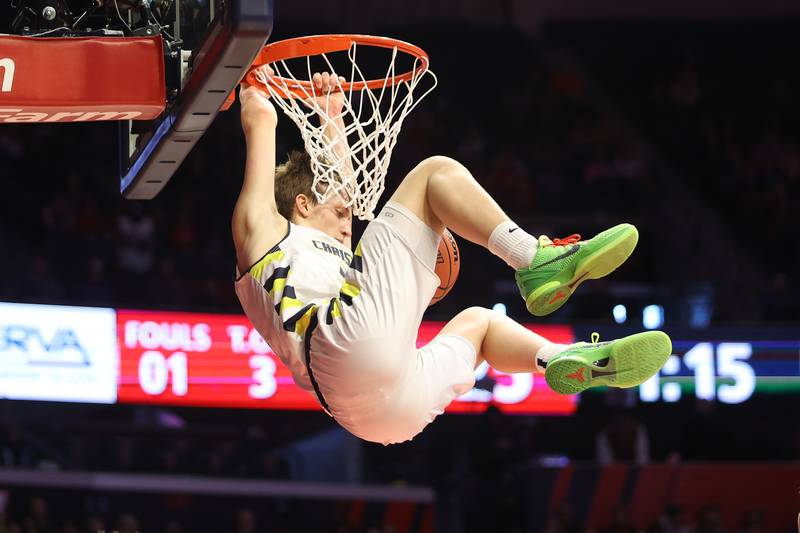 Yorkville Christian’s Jaden Schutt dunks against Liberty in the Class 1A championship game at State Farm Center in Champaign. Friday, Mar. 11, 2022, in Champaign.