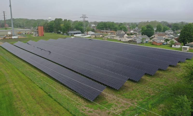 An aerial view of a solar farm located on Haul Road, between the Oglesby Fire Department and the water tower on Wednesday, May 14, 2025. The solar array is expected to generate 678 MWh (Megawatt-hours) in its first year, enough to power about 70 homes in the area.