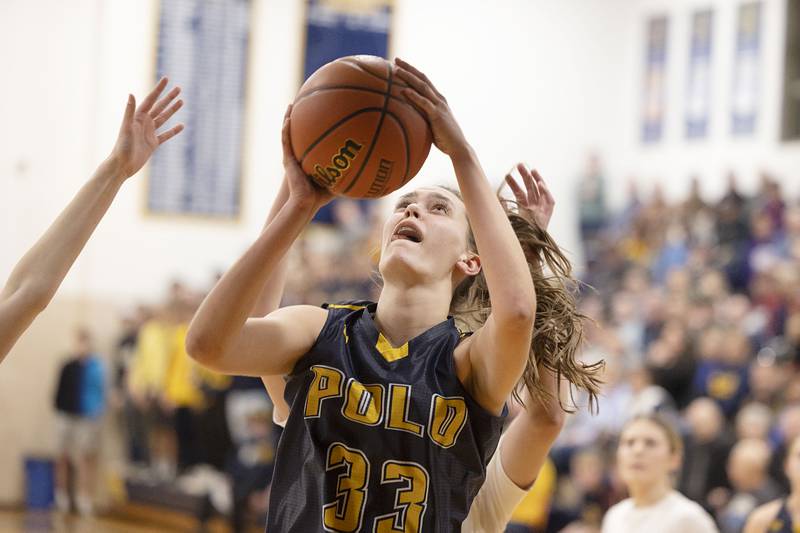 Polo’s Lindee Poper puts up a shot Tuesday, Feb. 21, 2023 in the sectional semifinal against Orangeville.