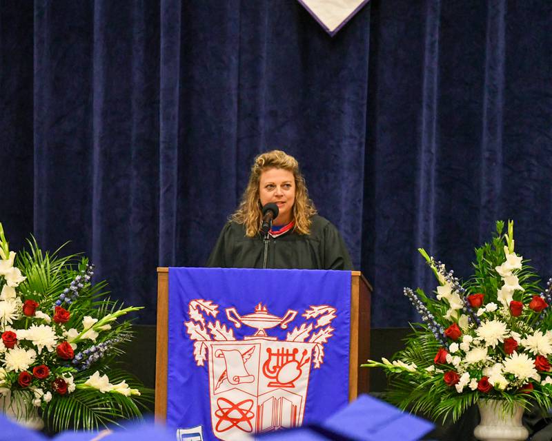 Emily Puchalski the Student Council Executive President addresses the graduating class at Glenbard South High School during graduation held on Thursday May 23, 2024.