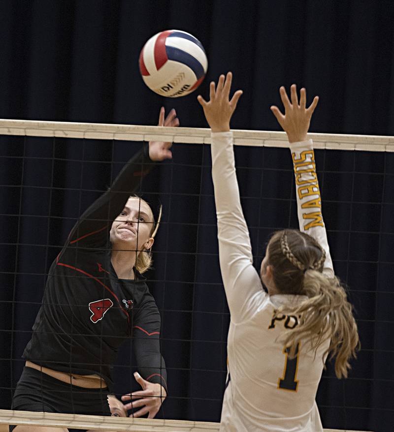 Fulton’s Ava Bowen plays the ball over the net against Polo’s Laynie Mandrell Thursday, Sept. 14, 2023 in Polo.