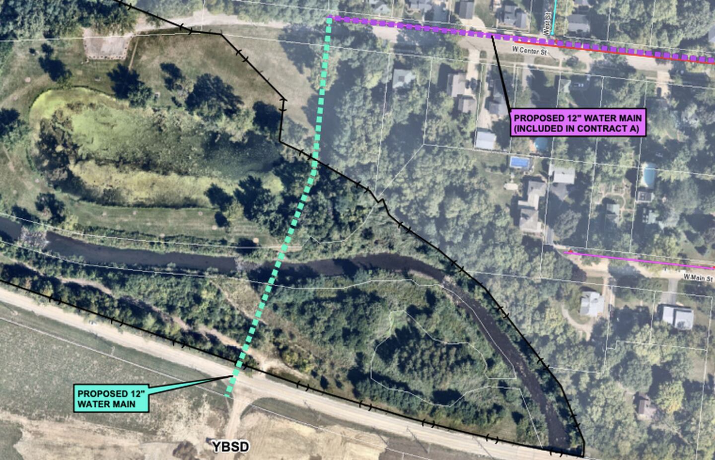 The Yorkville-Bristol Sanitary District water main extension will run along Jaycee Pond and across Blackberry Creek.