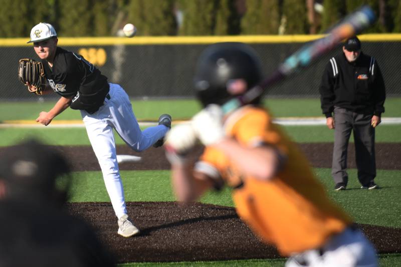 Coal City's Connor Henline throws a pitch during a game at Herscher Monday, April 20, 2026.