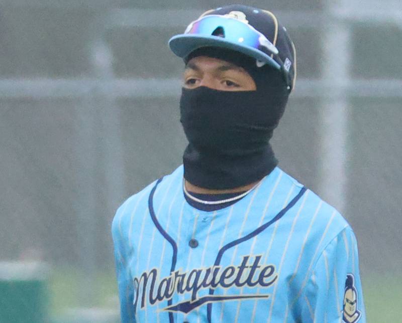 Marquette's Connor Baker bundles up while playing Eureka on Wednesday, April 1, 2026 at Masinelli Field in Ottawa.