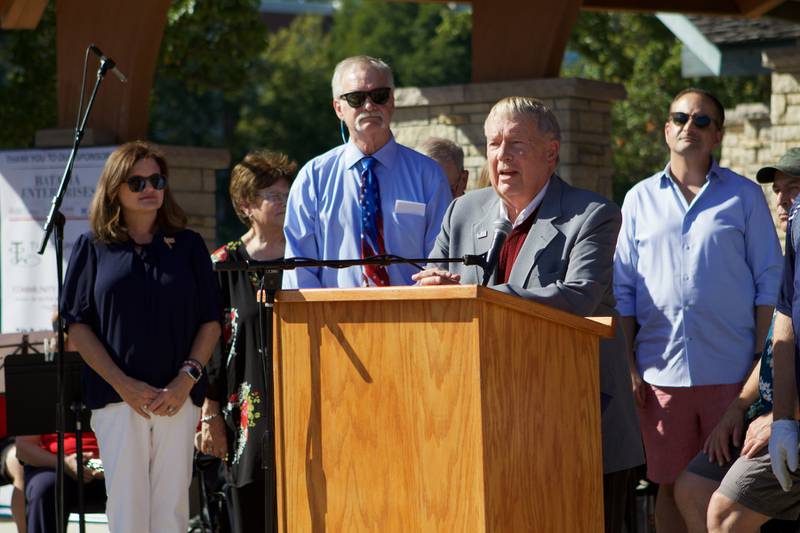 Batavia Mayor Jeffery Schielke speaks at the Flag Day Monument opening ceremony's at Patriot's Park on Sunday, Oct 1,2023 in Batavia.