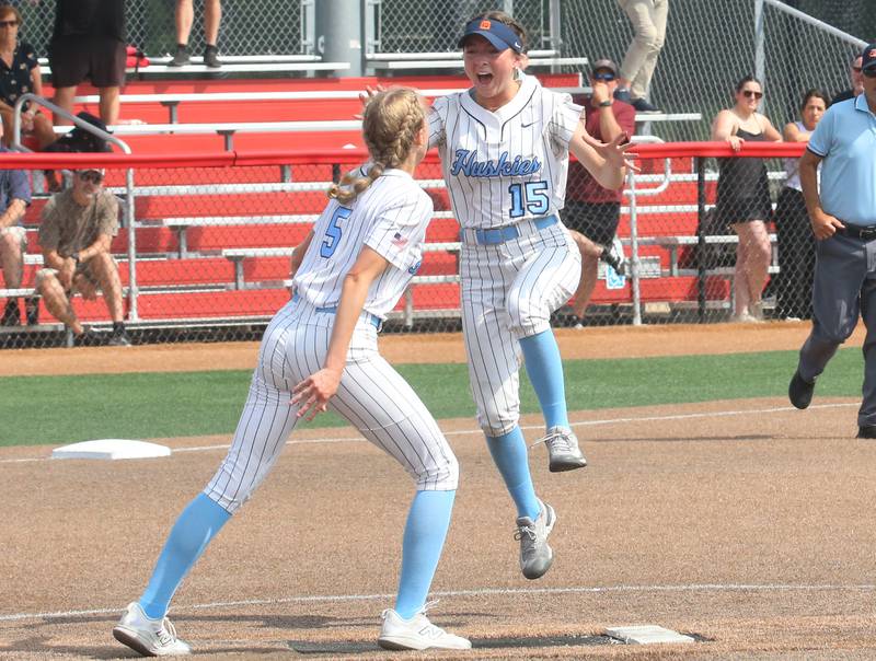 Oak Park River Forest's Anna Topel and Gloria Hornek celebrate after defeating Lockport during the Class 4A third place game on Saturday, June 14, 2025 at the Louisvile Slugger Complex in Peoria.