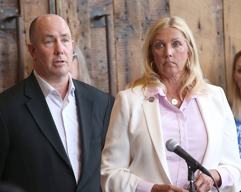 State Rep. Lance Yednock, D-Ottawa and State Sen. Sue Rezin (R-Morris) address the media regarding the recent closure of  St. Margaret's Health-Peru on Monday, Feb. 6, 2023 at Westclox in Peru.