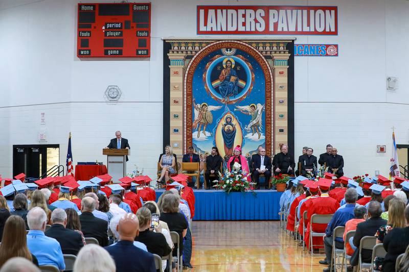 Marian Central Catholic High School Superintendent Michael Shukis speaks to the class of 2022 Friday, May 27, 2022, during the commencement ceremony in Landers Pavilion.