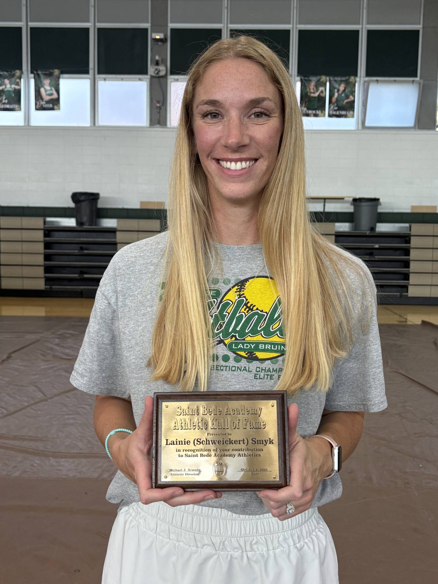 Former Lady Bruins ace pitcher Lainie (Schweickert) Smyk was inducted into the St. Bede Hall of Fame.