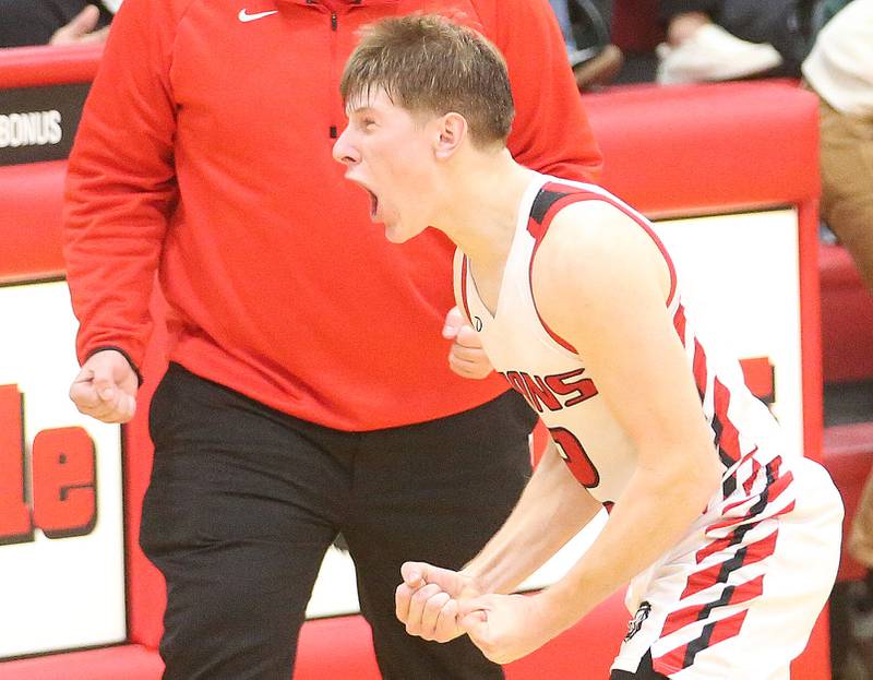 LaMoille's Brayden Klein reacts after knocking off St. Bede on Tuesday, Feb. 11, 2025 at LaMoille High School.
