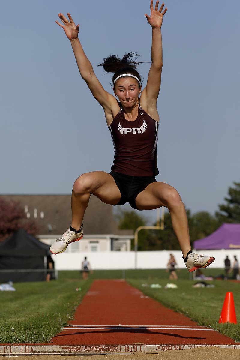 Prairie Ridge's Rylee Lydon long jumps Friday, May 10, 2023, during the IHSA Class 3A Huntley Girls Track and Field Sectional at Huntley High School.