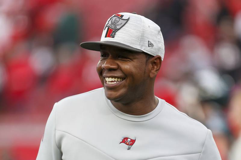Tampa Bay Buccaneers offensive coordinator Byron Leftwich after a NFL wild-card playoff football game, Sunday, Jan. 16, 2022.