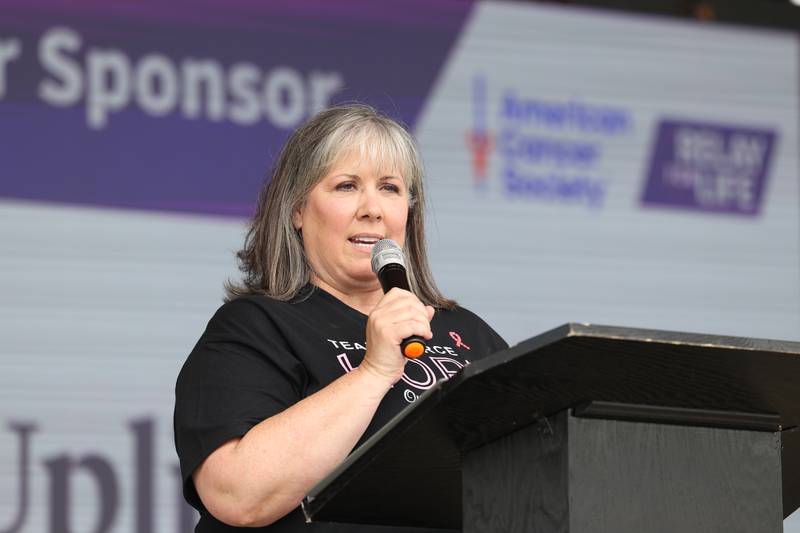 Areca Van Mill, a caregiver and team leader, speaks during the opening ceremony for the Relay for Life of Kankakee County on June 14, 2025, at The Grove in Bourbonnais.