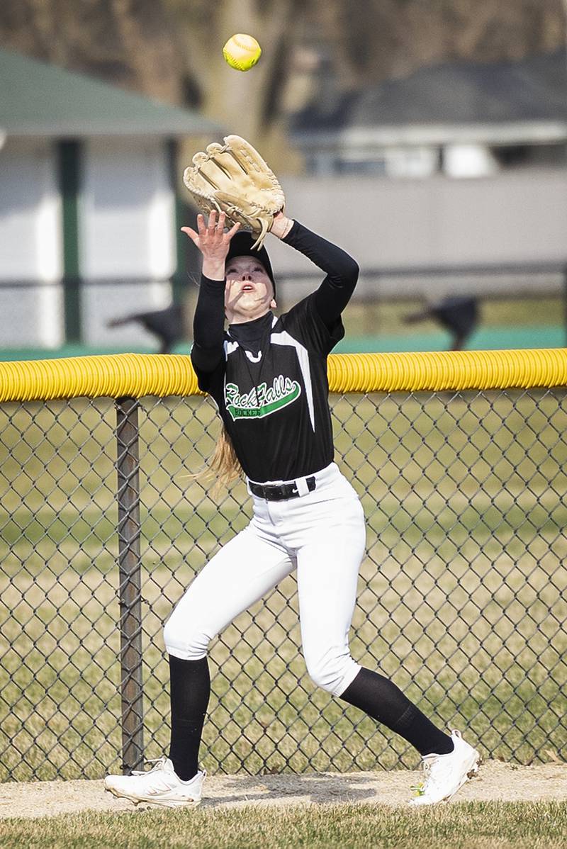 Rock Falls’ Jeslyn Krueger hauls in a fly ball against Princeton Thursday, March 27, 2025.
