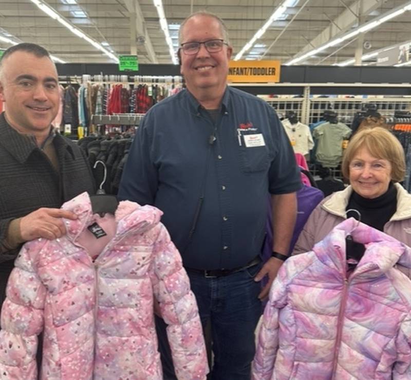 Blaine’s Farm & Fleet Manager  Dan Heslop, (center) is pictured with Nick Lareau and Linda Olds-Steinert, chairmen of the Sterling Rotary's 2024 Coats for Kids project..