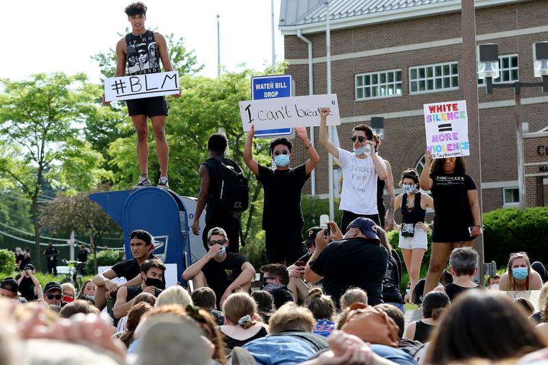Hundreds of peaceful protesters took a stand against the social injustices faced by African-Americans across the nation during a Black Lives Matter rally which started at Veteran Acres Park and moved to the city hall and police department on Wednesday, June 3, 2020 in Crystal Lake.