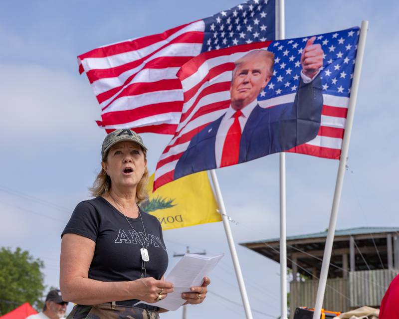 Jeanne Ives gives a speech to the rally participants prior to the Trump Birthday and Flag Day Caravan and Rally on June 14, 2025 at Jamie's Outpost in Utica.