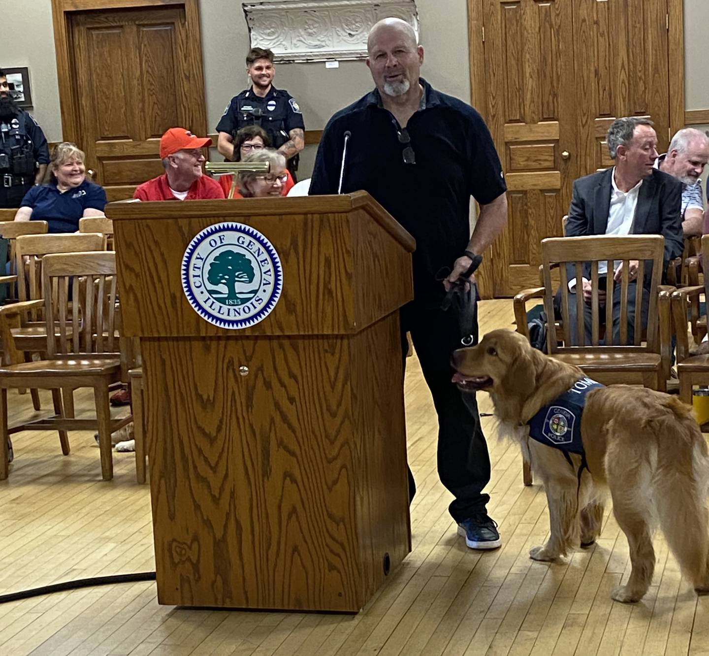 Geneva Community Service Officer Brad Koontz presented Tommy, the city's new comfort dog, at a special Committee of the Whole June 23, 2025. Healing Hearts Comfort Dogs trained the 18-month-old golden retriever.