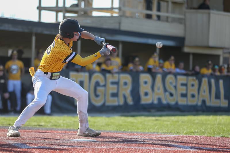 Joliet West's Jimmy Anderson (36) bunts during varsity baseball game between Oswego East at Joliet West.  April 10, 2023.