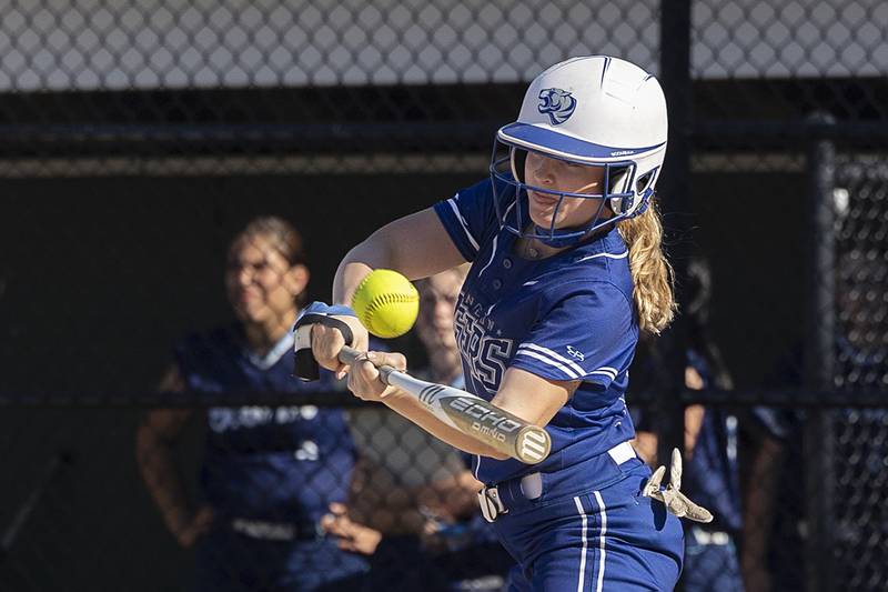 Princeton’s Kelsea Klingenberg drives the ball against Bureau Valley slide in at second Friday, May 17, 2024 at the Class 2A regional semifinals in Rock Falls.