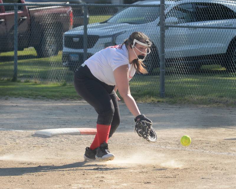 Addilynn Ardini fields a ground ball against Erie-Prophetstown during a Pony League softball game  in Erie on Saturday, June 21, 2025.