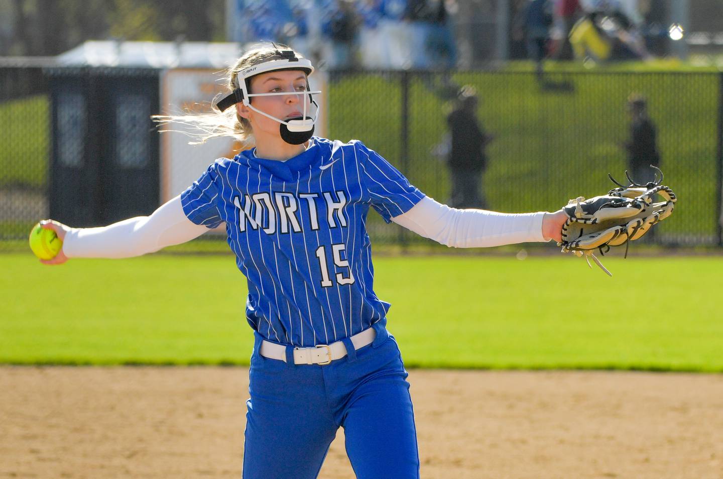 St. Charles North's Paige Murray (15) pitches against Lake Park in St. Charles during a game on Friday, April 21, 2023.