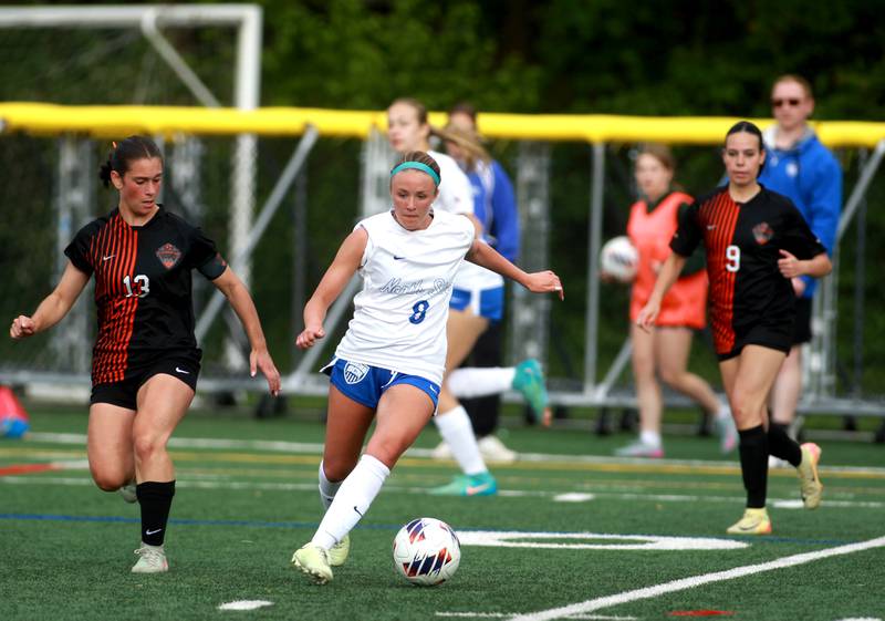 St. Charles North's Addyson Priess kicks the ball during a Class 3A Glenbard West Sectional semifinal game against St. Charles East on Tuesday, May 27, 2025 in Glen Ellyn.