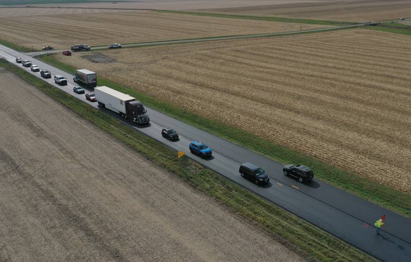 Crews resurface Illinois Route 251 on Friday, Oct. 17, 2025 near the intersection of North 39th Road just south of Mendota. Resurfacing work consists of patching and resurfacing, which is expected to be completed in mid-November. The work zone stretches from the BNSF railroad bridge south of Mendota to just north of Interstate 80 in Peru. The construction will continue into the spring with earth work. Motorists are asked to drive with caution through the construction zone. The Route 251 work between Mendota and Peru will lead to daily lane closures controlled by flaggers.