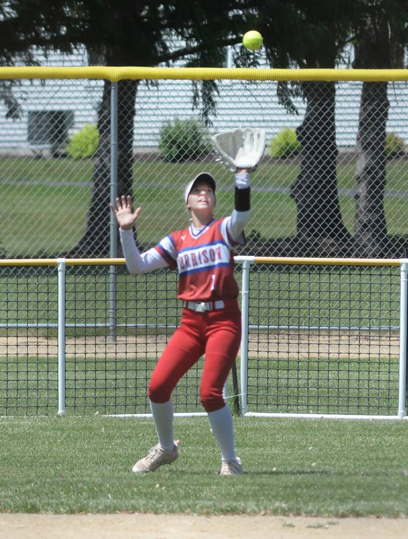 Morrison's Kaylee Pruis camps under a fly ball to center field before making the out against Oregon on Saturday, May 17, 2025 at Oregon Park West.
