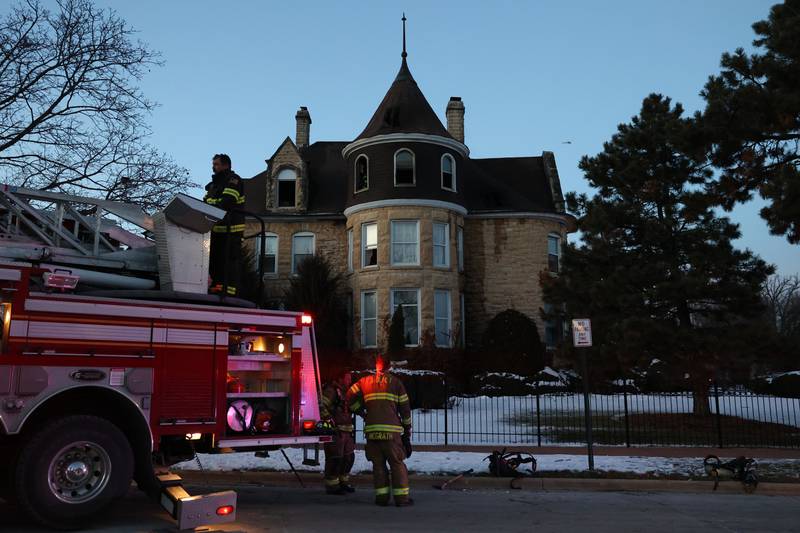 Firefighters work the scene of a fire at the Haley Mansion in Joliet on Wednesday 1st, 2023.