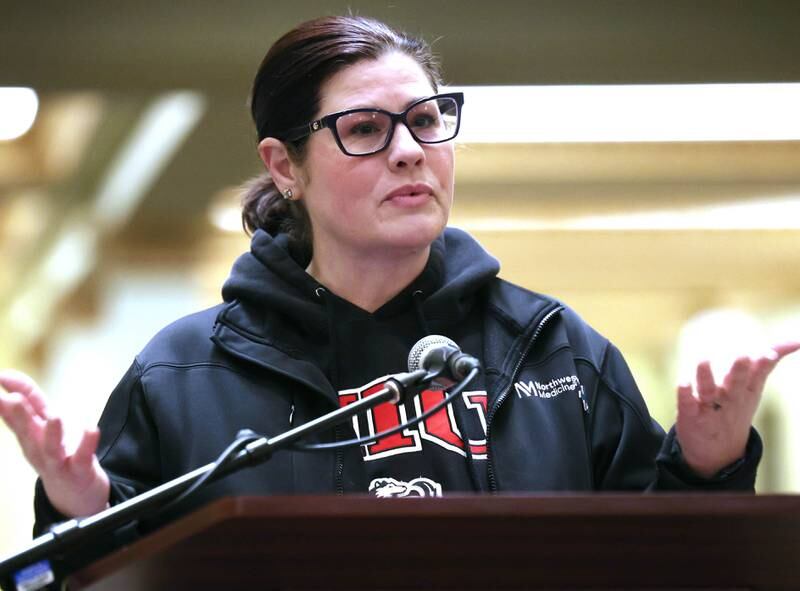 Guest speaker Mindi Robles, a sexual assault nurse examiner, talks Tuesday, April 2, 2024, during Take Back the Night at the Egyptian Theatre in DeKalb. The event, hosted by Safe Passage, is in honor of Sexual Assault Awareness Month and featured speakers and a march.