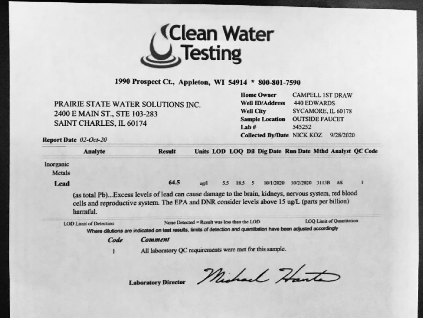 Sycamore residents water quality results show high levels of lead from tests conducted by EPA-certified Prairie State Water Solutions, Inc. while test results from an EPA-certified, Geneva-based lab commissioned by the City of Sycamore show safe lead levels.