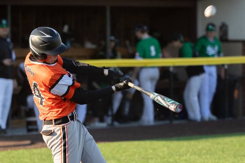 Keegan Murphy (84) of Beecher hits ball on Friday, April 11, 2025 at Seneca High School in Seneca.